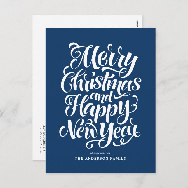 Navy Blue Merry Christmas and a Happy New Year Holiday Postcard (Front/Back)