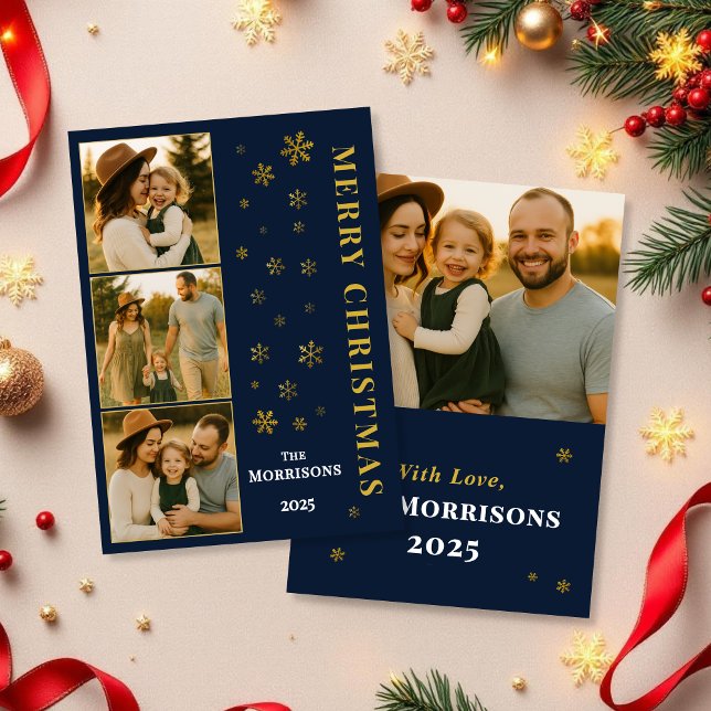 Navy Blue Merry Christmas Family Photo Snowflake  Holiday Card (Creator Uploaded)