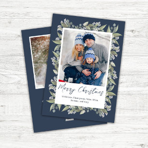 Navy Blue Merry Christmas Floral Photo Holiday Card