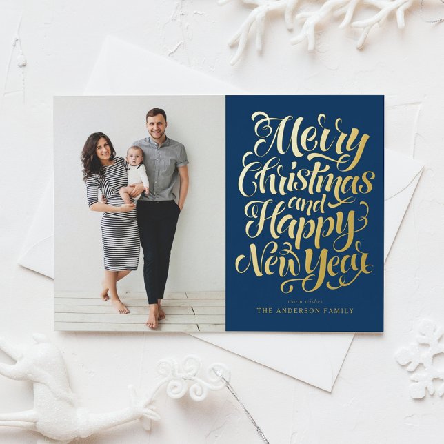 Navy Blue Merry Christmas & Happy New Year Photo Foil Holiday Postcard (Creator Uploaded)