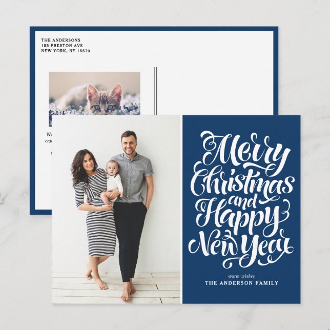 Navy Blue Merry Christmas & Happy New Year Photo Holiday Postcard (Front/Back)