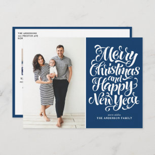 Navy Blue Merry Christmas & Happy New Year Photo Holiday Postcard