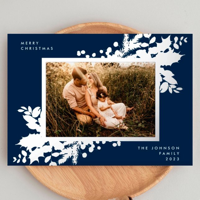 Navy Blue Merry Christmas Holly Photo Silver Foil Holiday Card (Creator Uploaded)