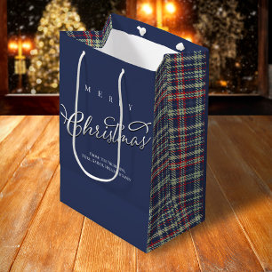 Navy Blue Merry Christmas Plaid Pattern Medium Gift Bag
