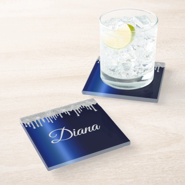 Navy Blue Metallic Silver Sparkle Personalised Glass Coaster (Angled)