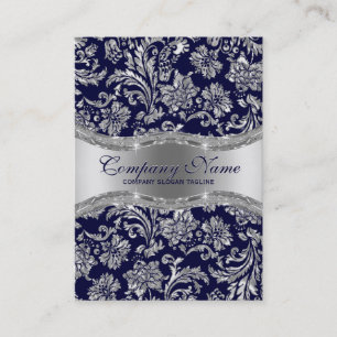 Navy Blue & Metallic Silver Vintage Damasks Business Card