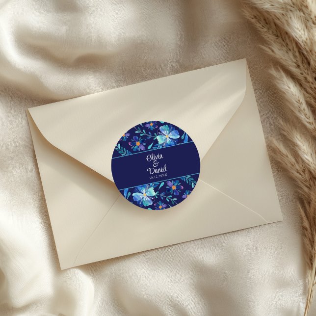 Navy Blue Mexican Floral Fiesta Wedding  Classic Round Sticker (Navy Blue Mexican Floral Fiesta Wedding Classic Round Sticker on an elegant wedding envelope.)
