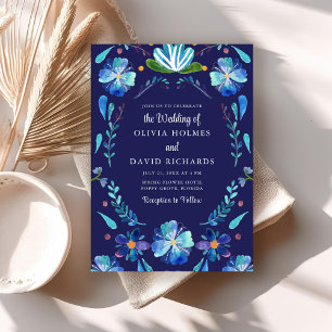 Navy Blue Mexican Floral Fiesta Wedding Invitation