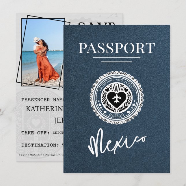 Navy Blue Mexico Passport Save The Date (Front/Back)