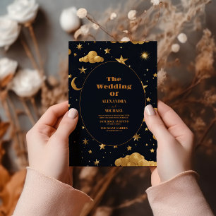 Navy Blue Mid Summer Night Dream Celestial Wedding Invitation