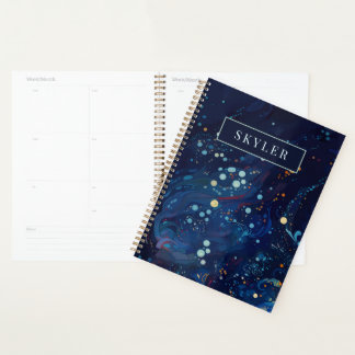 Navy blue midnight swirl galaxy abstract planner
