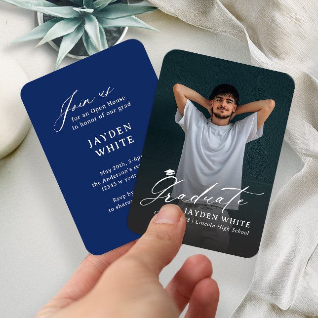 Navy Blue Mini Modern Script Photo Graduation Enclosure Card (Navy Blue Mini Modern Script Photo Graduation Enclosure Card)
