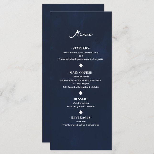 Navy Blue Minimal Modern Elegant Wedding Menu (Front/Back)
