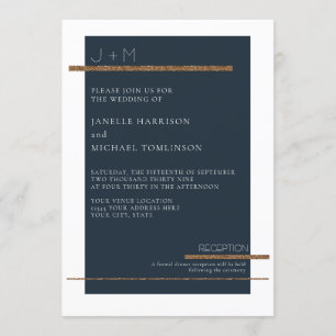 Navy Blue Minimal Modern Gold White Wedding Simple Invitation