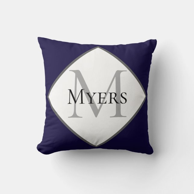 Navy Blue Minimal Monogram Family Name  Cushion (Front)