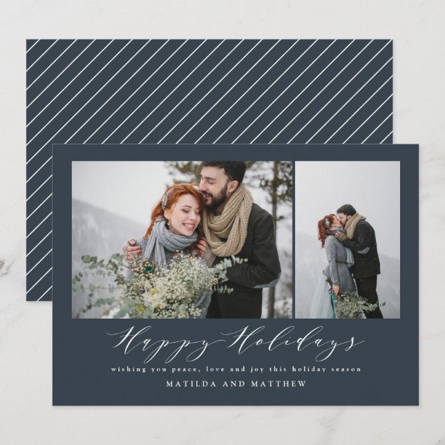 Navy blue minimal photo collage christmas script holiday card (Front/Back)