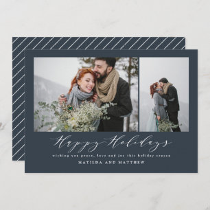 Navy blue minimal photo collage christmas script holiday card