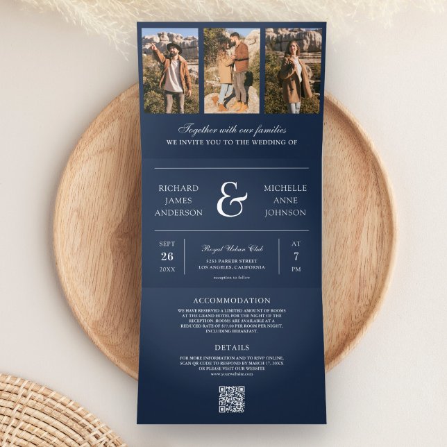 Navy Blue Minimal Photo Collage QR Code Wedding Tri-Fold Invitation (Creator Uploaded)