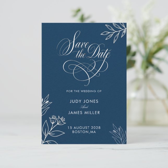 NAVY BLUE MINIMAL RUSTIC CLASSY SIMPLE SAVE THE  DATE (Standing Front)