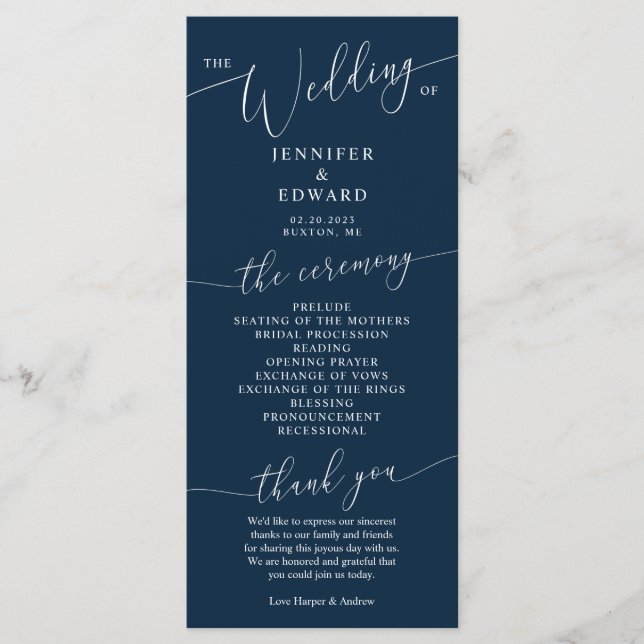 Navy Blue Minimal Wedding Ceremony Program Programme (Front)