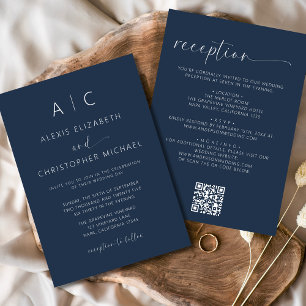 Navy Blue Minimalist All In One Wedding QR Code Invitation