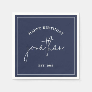 Navy Blue Minimalist Birthday Custom Name Napkins