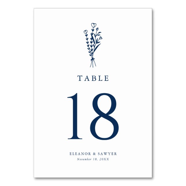 Navy Blue Minimalist Botanicals Wedding Table Number (Front)