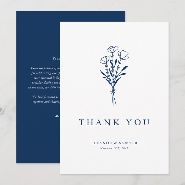 Navy Blue Minimalist Botanicals Wedding Thank You Card (Front/Back)
