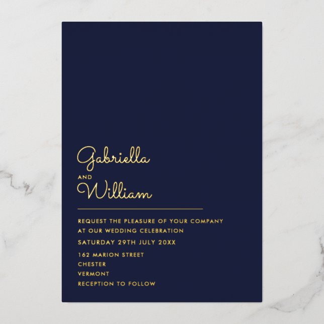 Navy Blue Minimalist Chic Script Wedding Gold (Front)
