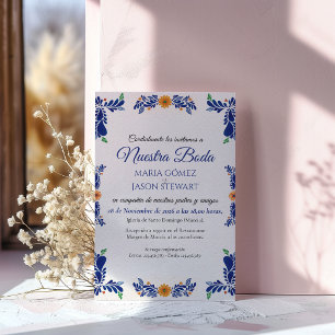 Navy Blue Minimalist Floral Classy Spanish Wedding Invitation