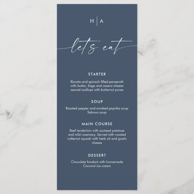 Navy Blue Minimalist Handwriting Wedding Dinner  Menu (Front)