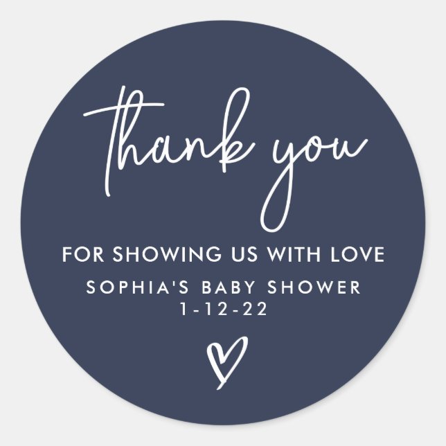 Navy Blue Minimalist Modern Boho Baby Shower Classic Round Sticker (Front)