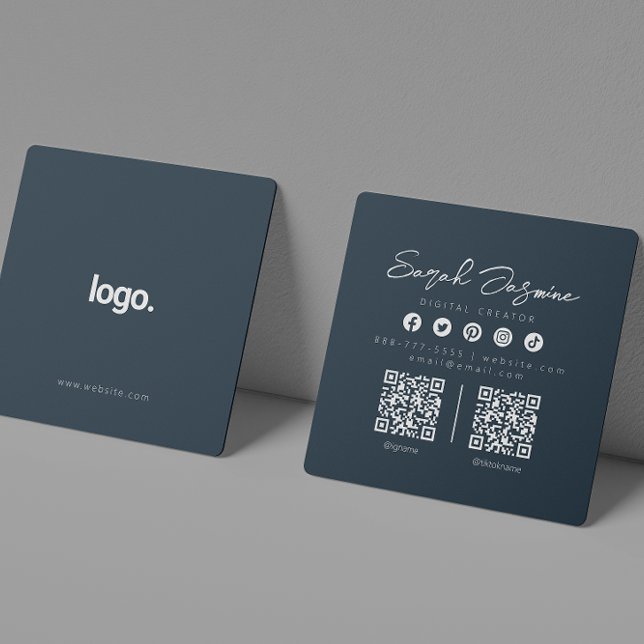 Navy Blue Minimalist Modern Influencer Scannable Square Business Card (Creator Uploaded)