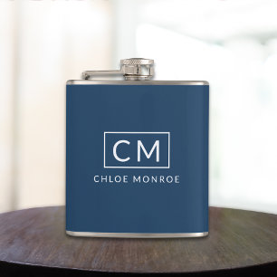 Navy Blue Minimalist Modern Monogram Name Hip Flask