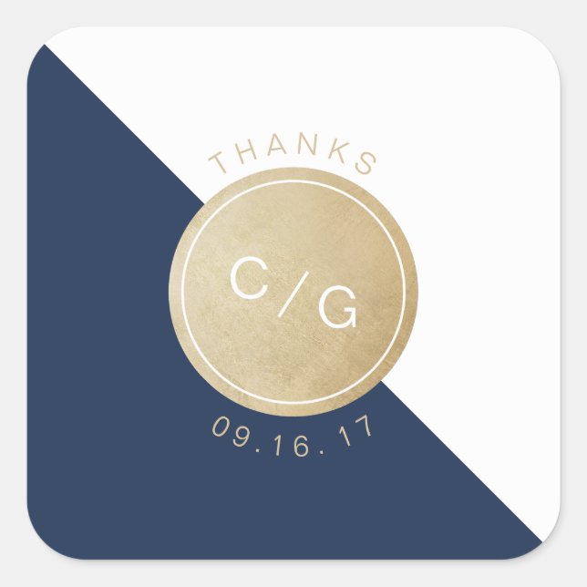 Navy blue minimalist modern monogram thank you square sticker (Front)