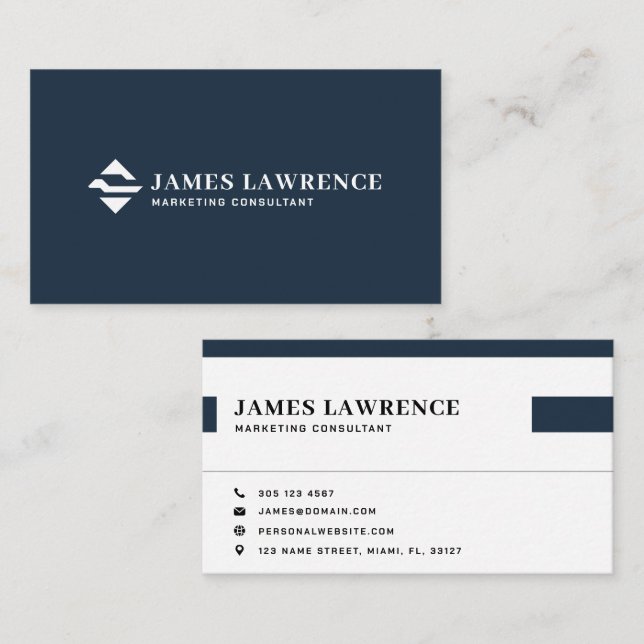 Navy Blue Minimalist Modern Professional Business Card (Front/Back)
