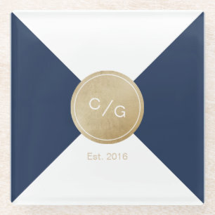 Navy blue minimalist modern wedding monogram glass coaster