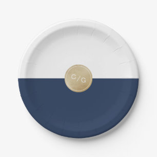 Navy blue minimalist modern wedding monogram paper plate
