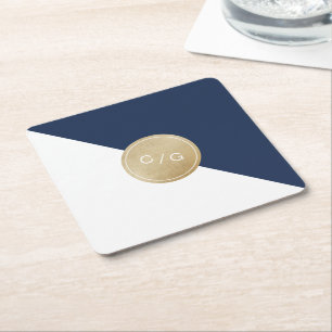 Navy blue minimalist modern wedding monogram square paper coaster