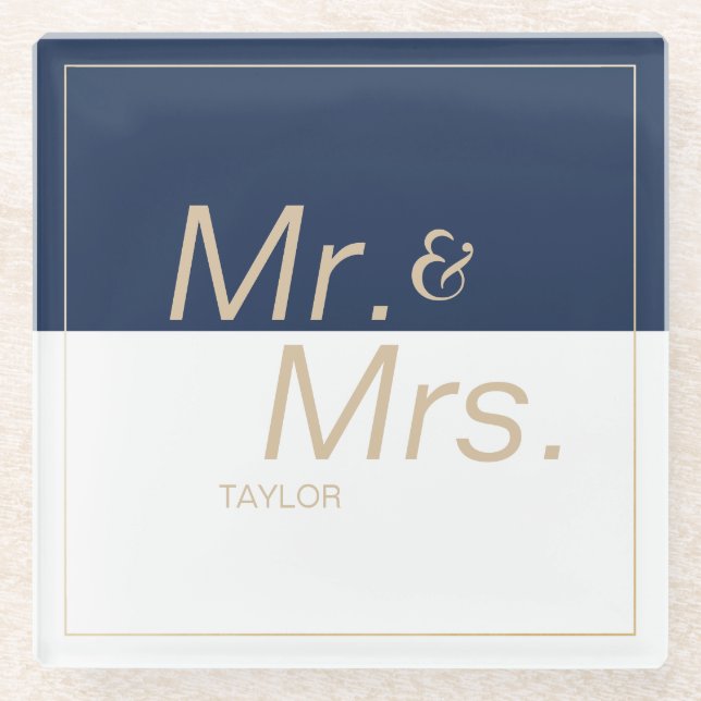 Navy blue minimalist modern wedding mr & mrs glass coaster (Front)