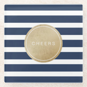 Navy blue minimalist modern wedding stripes glass coaster