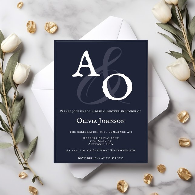 Navy Blue Minimalist Monogram Bridal Shower Invitation (Navy Blue Minimalist Monogram Bridal Shower Invitation)