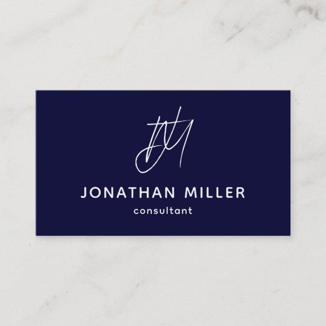 Navy Blue Minimalist Monogram Business Card (Front)