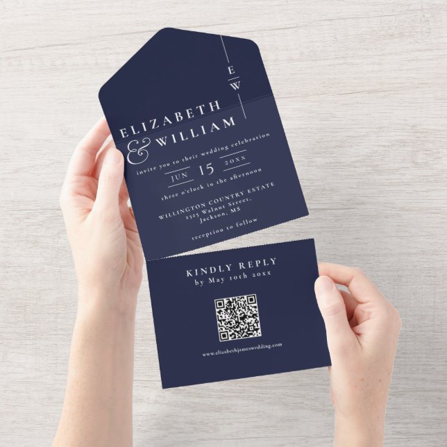 Navy Blue Minimalist Monogram QR Code Wedding All In One Invitation (Tearaway)