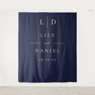 Navy Blue Minimalist Monogram Wedding Backdrop Tapestry