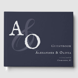 Navy Blue Minimalist Monogram Wedding Guest Book