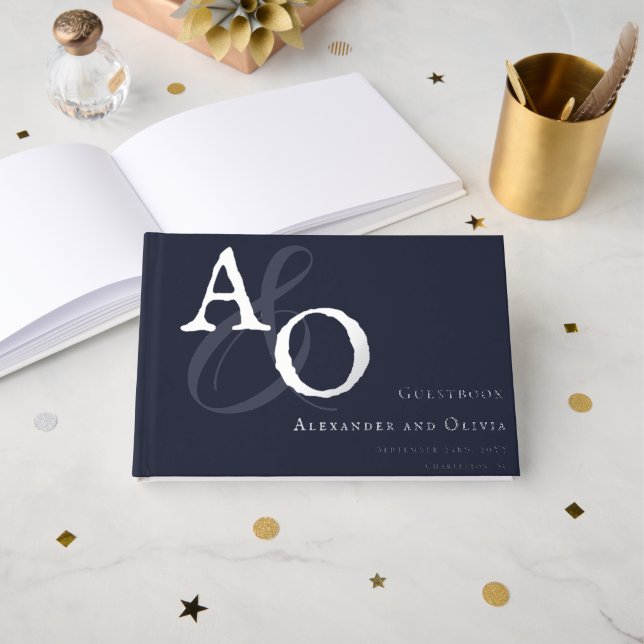 Navy Blue Minimalist Monogram Wedding Guest Book (Front Open)