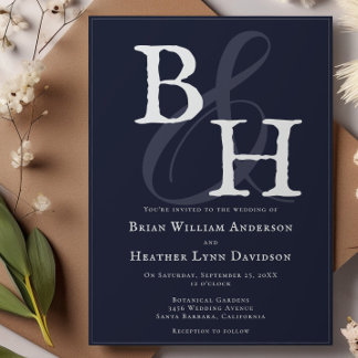 Navy Blue Minimalist Monogram Wedding Invitation