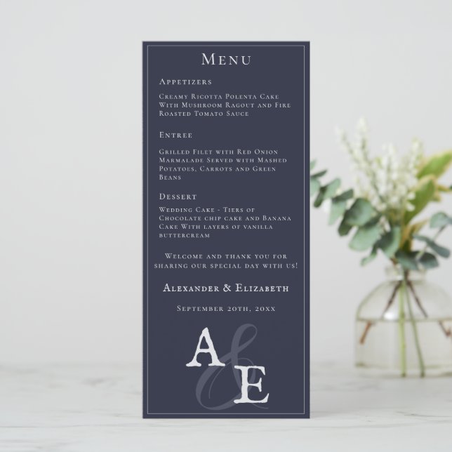 Navy Blue Minimalist Monogram Wedding Menu (Standing Front)