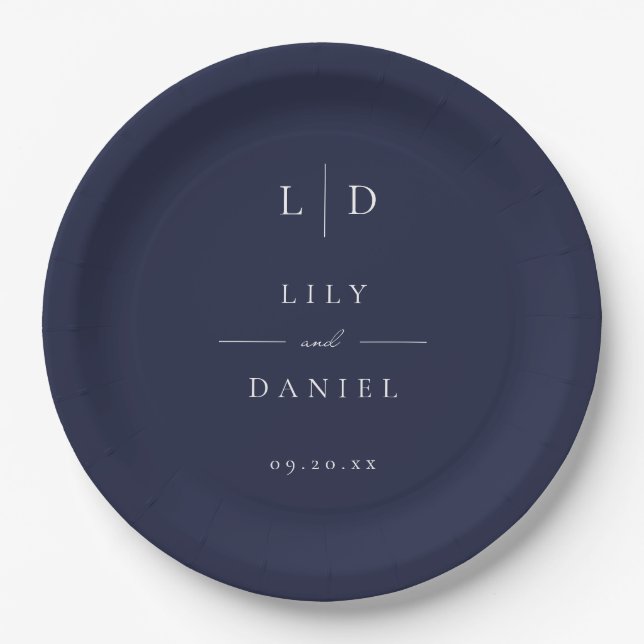 Navy Blue Minimalist Monogram Wedding Paper Plate (Front)